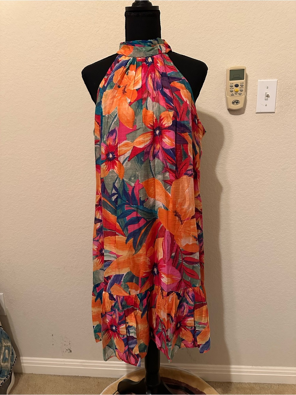 MSK Women's Printed Ruffle-Hem Halter Dress Orange & Pink Floral. Size M- NWT